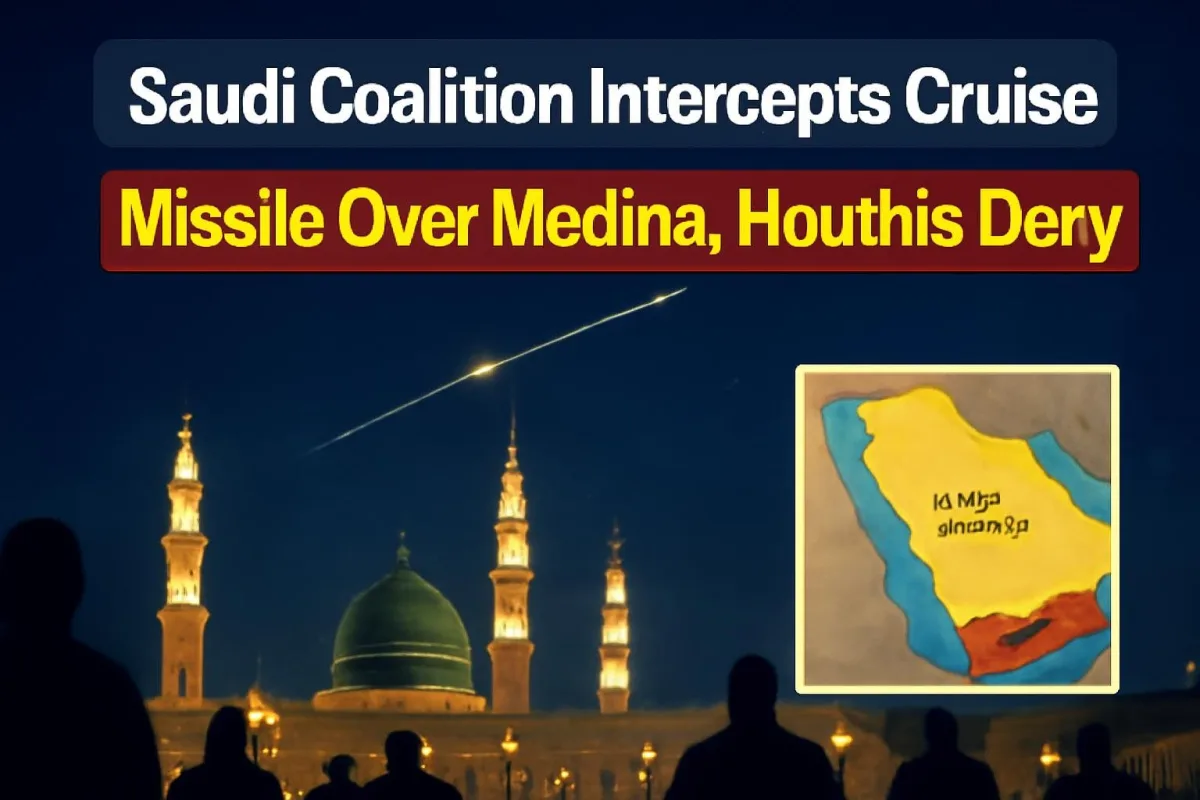 Medina skyline at night with map of Saudi Arabia and Yemen