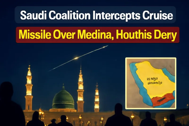 Medina skyline at night with map of Saudi Arabia and Yemen