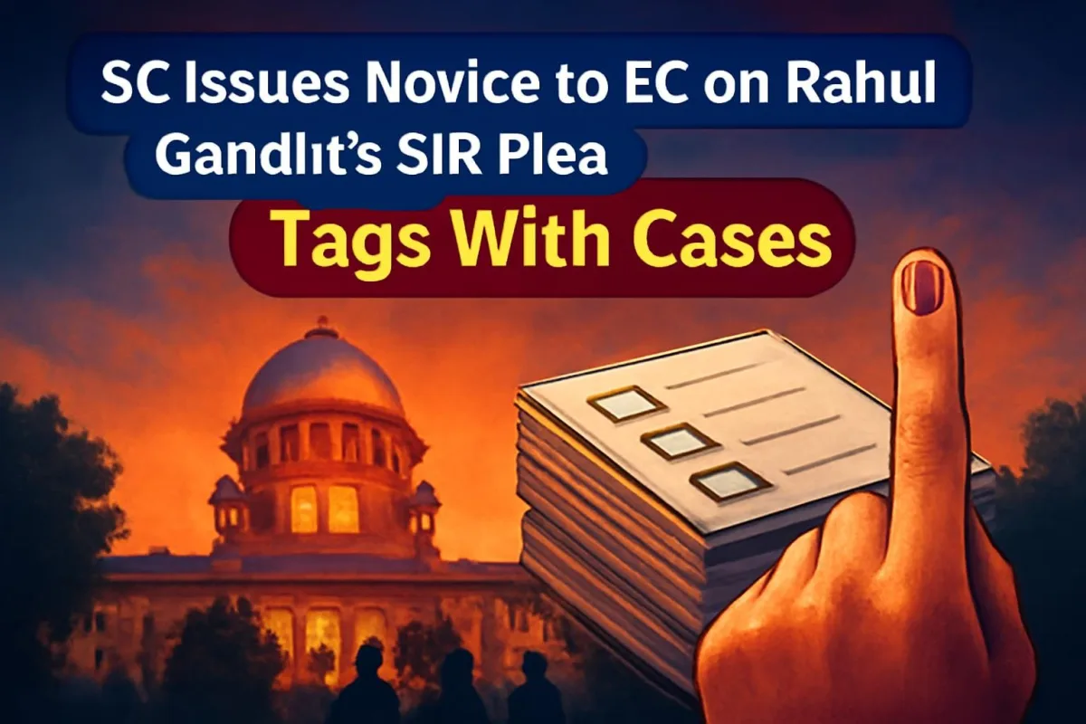 Supreme Court of India building at dusk with voter rolls, illustrating the SIR plea hearing