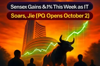 Bombay Stock Exchange building with rising market chart overlay