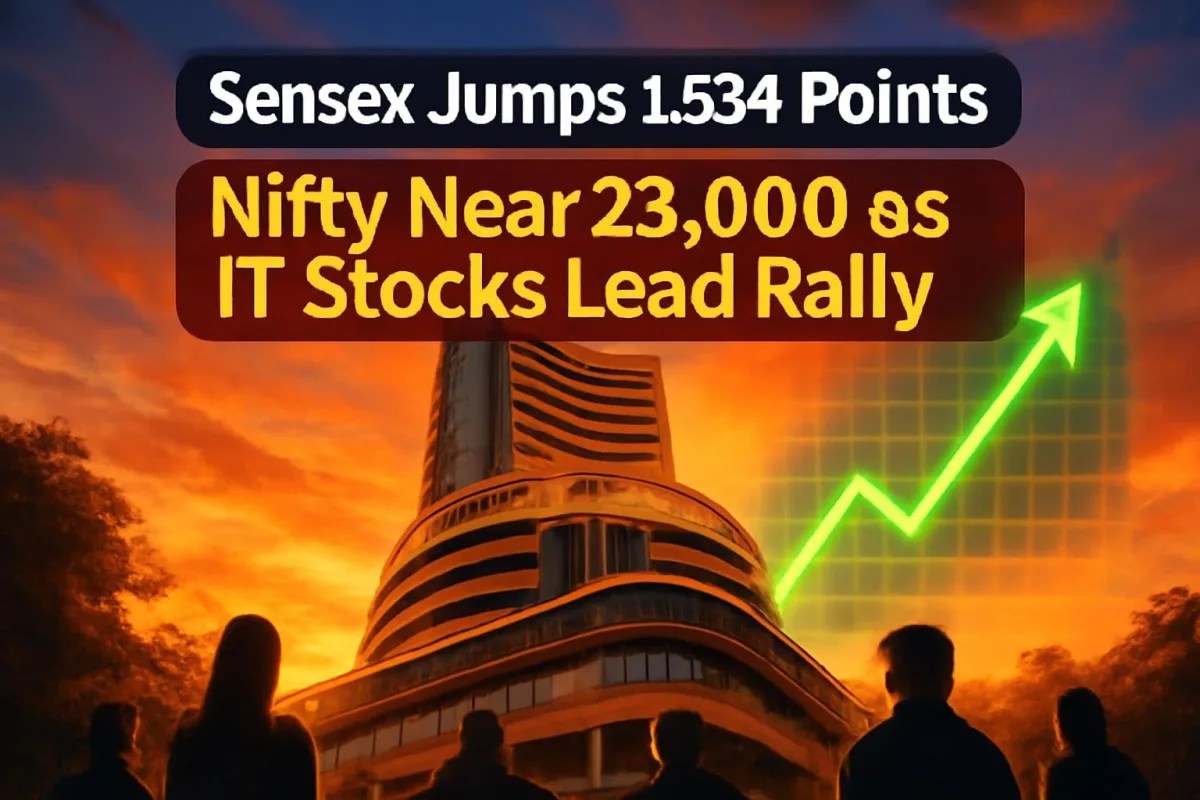 Bombay Stock Exchange building with rising chart, illustrating the Sensex rally