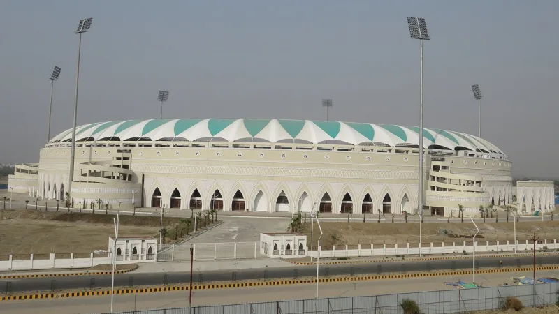Ekana Cricket Stadium in Lucknow with its white and green roof canopy and floodlight towers