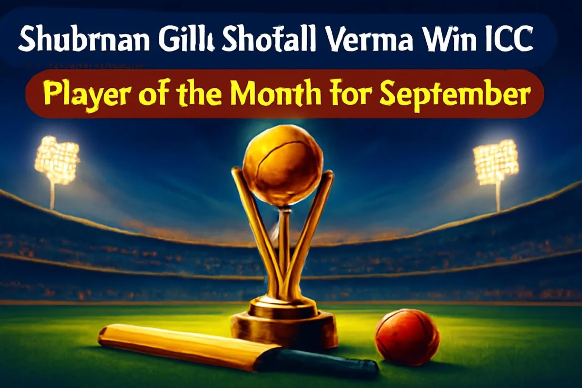 Cricket award trophy in a floodlit stadium for ICC Player of the Month