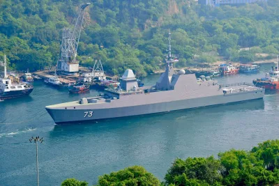 Republic of Singapore Navy ship RSS Supreme arriving at Visakhapatnam harbour for SIMBEX 2026