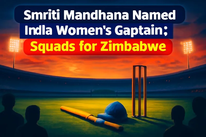 Floodlit cricket stadium with bat, ball and blue cap, marking Smriti Mandhana's appointment as India captain