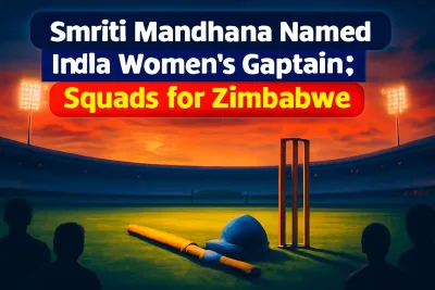 Floodlit cricket stadium with bat, ball and blue cap, marking Smriti Mandhana's appointment as India captain