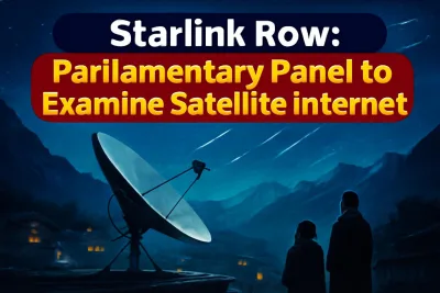 Satellite dish in a remote Indian village with satellites in the night sky