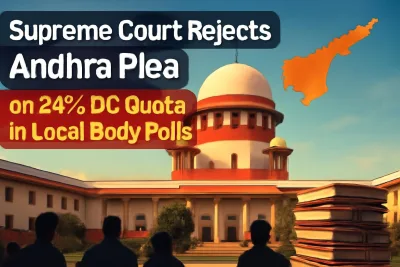 Supreme Court of India building with an Andhra Pradesh map inset, for the 34% BC quota ruling