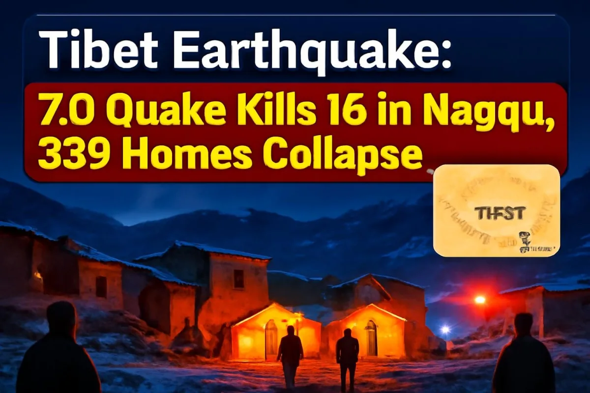 Illustration of earthquake damage and rescue tents on the Tibetan plateau near Nagqu