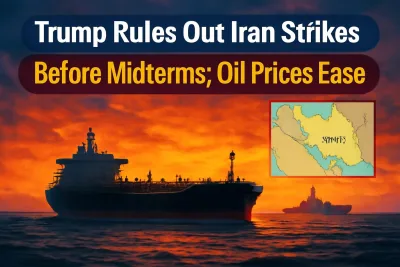 Oil tanker in the Strait of Hormuz with a warship on the horizon