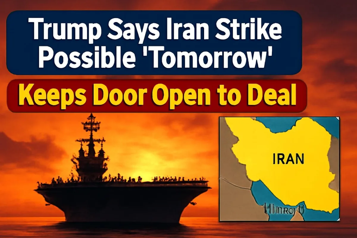 Aircraft carrier in the Persian Gulf with a map of Iran and the Strait of Hormuz