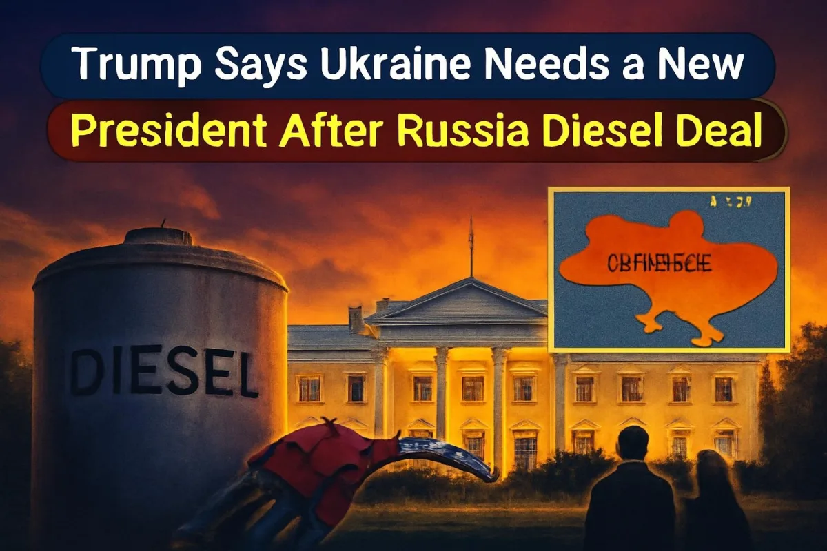 Symbolic image of the White House with a diesel pump and a map of Ukraine and Russia