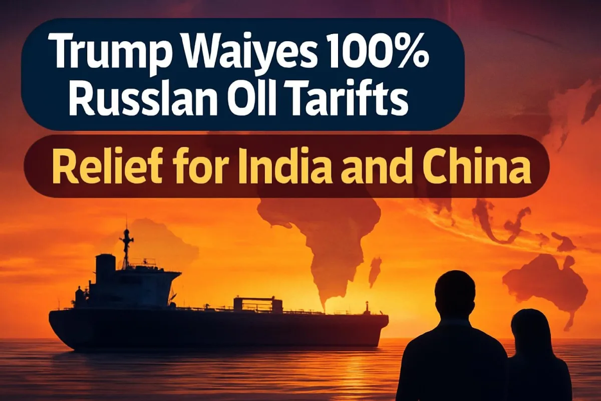 Oil tanker at sea with a map linking Russia and India, illustrating the US tariff waiver on Russian oil buyers