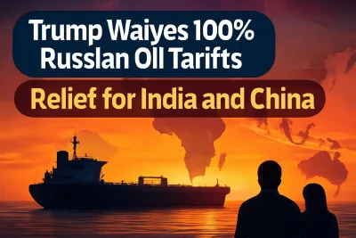 Oil tanker at sea with a map linking Russia and India, illustrating the US tariff waiver on Russian oil buyers