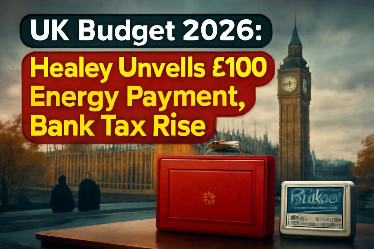 Houses of Parliament in London with a red budget box and energy meter