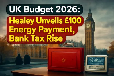 Houses of Parliament in London with a red budget box and energy meter
