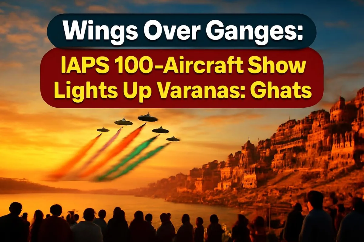 Illustration of Indian Air Force jets trailing tricolour smoke over the Varanasi ghats