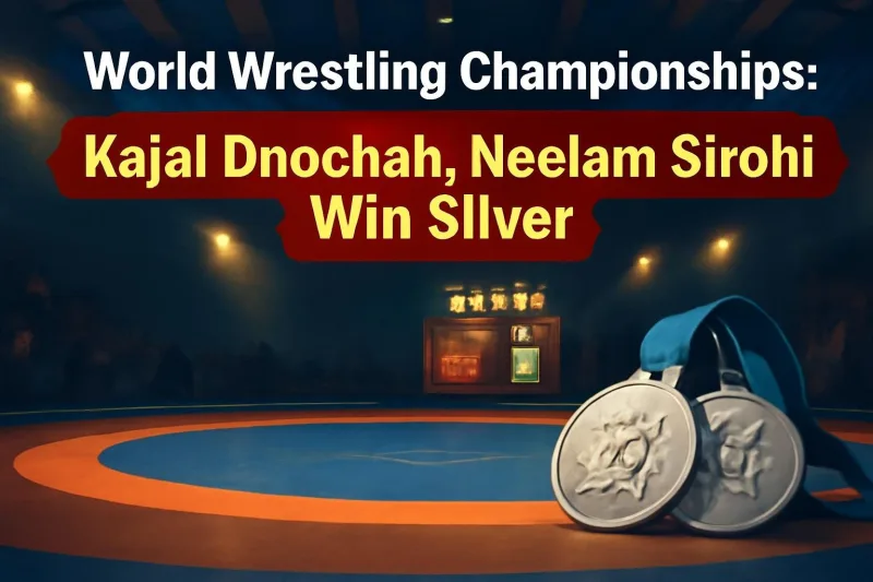 Two silver medals on a wrestling mat under arena lights, marking India's medals at the World Wrestling Championships