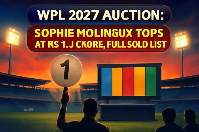 Cricket auction stage and paddle with a floodlit stadium behind, representing the WPL 2027 auction in Kochi