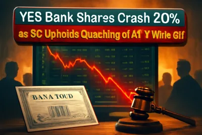 Falling stock chart with gavel and bond certificate, illustrating the YES Bank AT-1 verdict