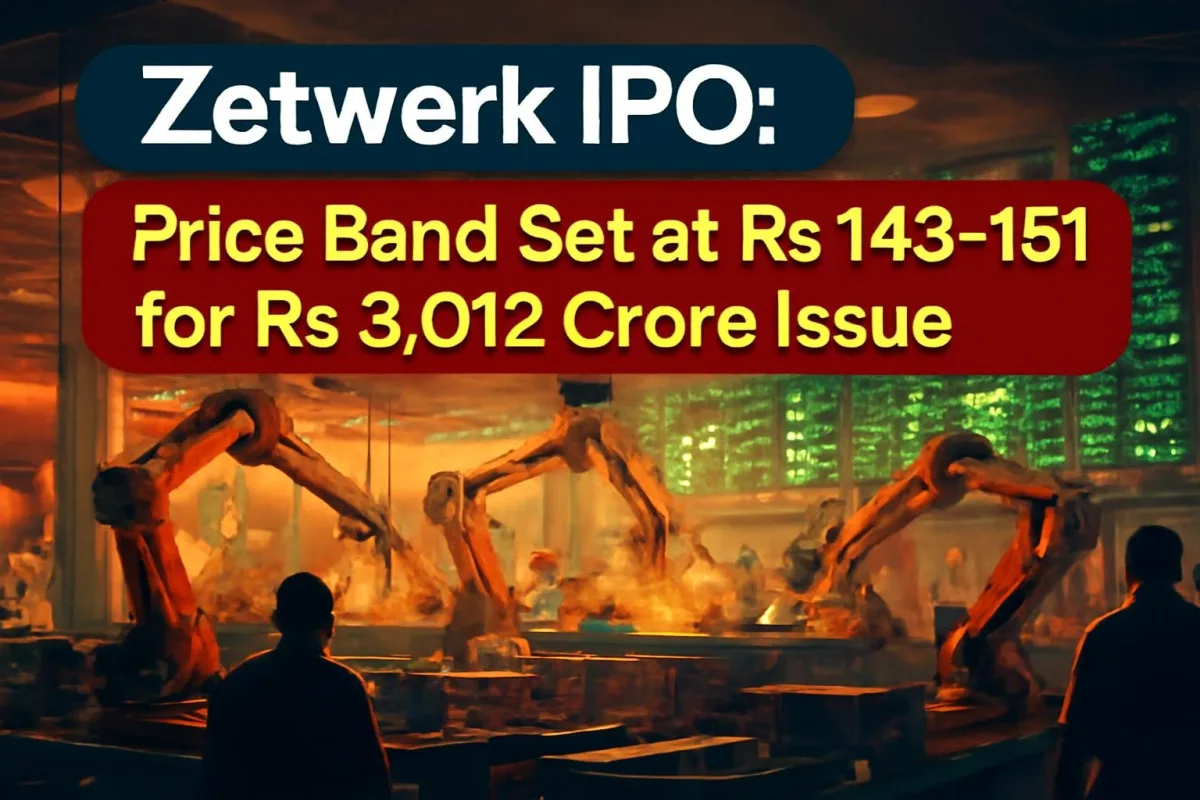 Factory floor with machinery and a stock market ticker, representing Zetwerk IPO