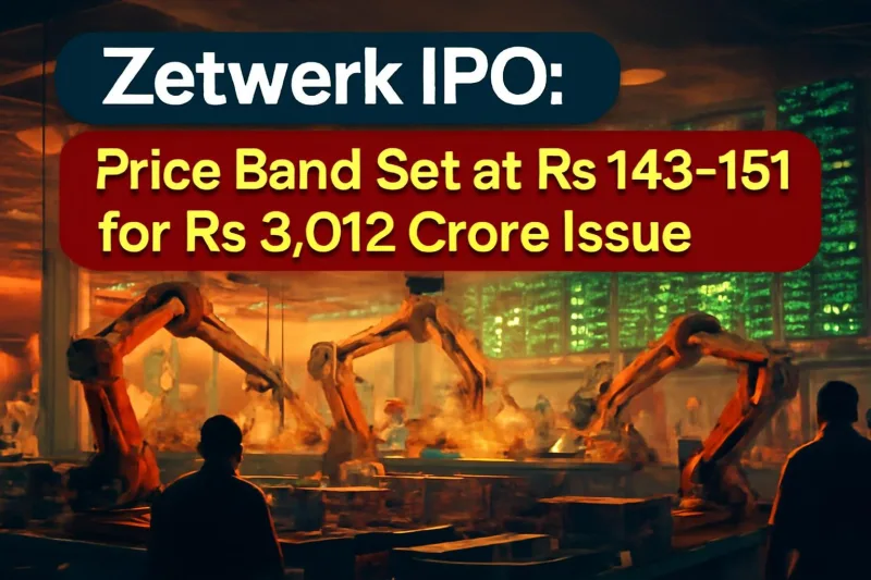 Factory floor with machinery and a stock market ticker, representing Zetwerk IPO